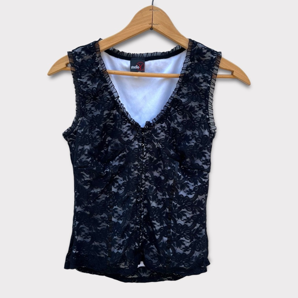 Studio Y Corset Lace V Neck Tank Top Medium Grunge Whimsigoth Witchy Goth Y2K
